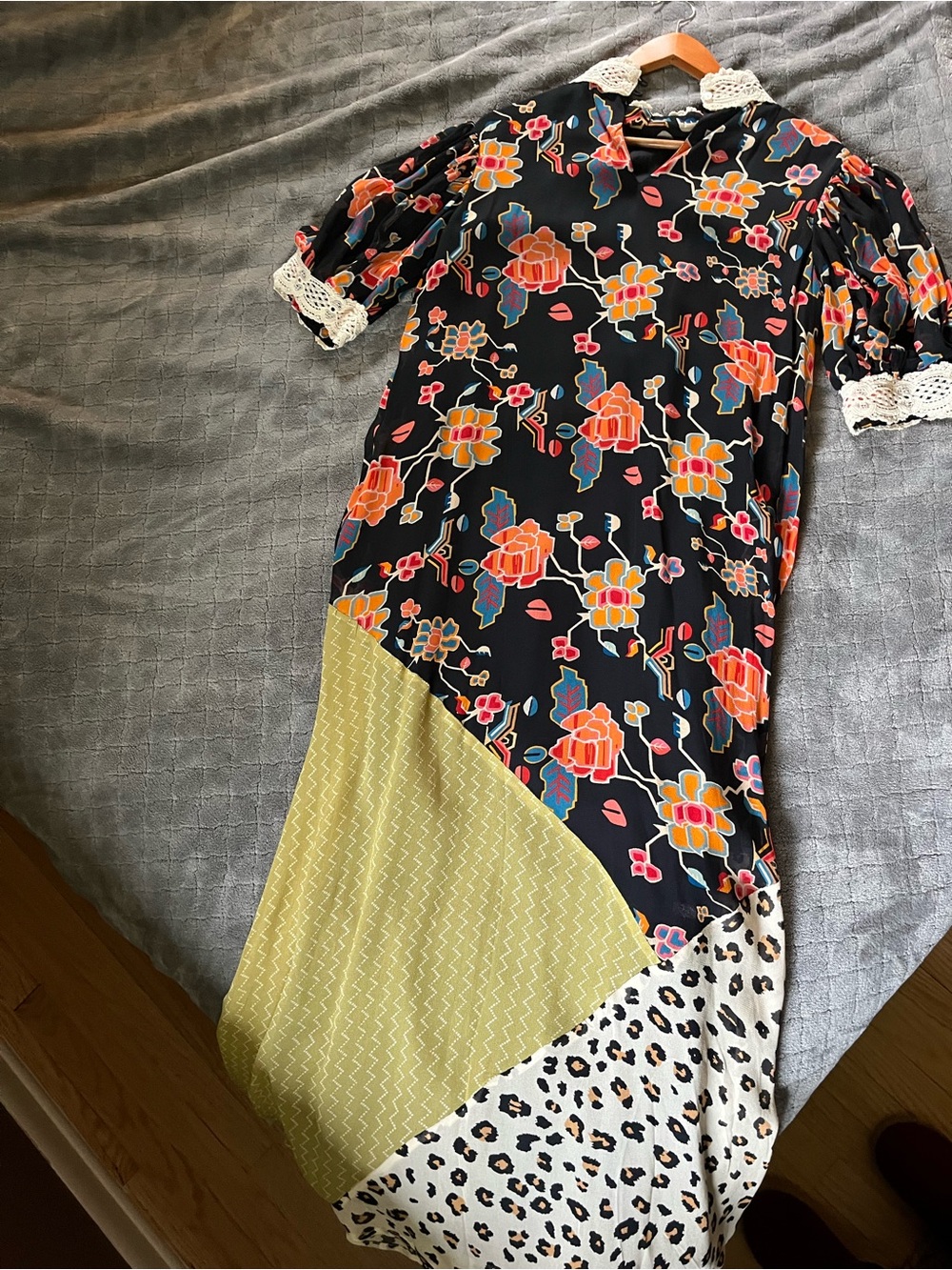 Anthropologie Black Floral & Geometric Mixed Print Dress with Crochet Collar - Picture 2 of 8